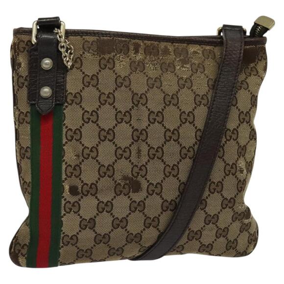 GUCCI GG Canvas Web Sherry Line Shoulder Bag Beige Gold Red - Picture 1 of 12